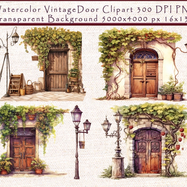 Watercolor Antique Wooden Door Clipart - Antique Front Door with Vine Clipart, Antique Wooden Door Flowers Clipart, Landscape Scene Clipart