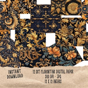 Charcoal Black Italian Renaissance Florentine Decoupage Digital Paper for Scrapbooking and Printable Art
