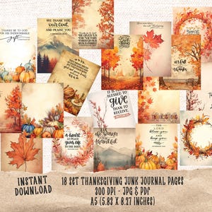 Könnte beinhalten: Eine Sammlung von 18 Thanksgiving-Junk-Journal-Seiten. Die Seiten zeigen Aquarellillustrationen von Kürbissen, Herbstlaub und inspirierenden Zitaten. Die Seiten im A5-Format messen 14,8 x 21 cm.