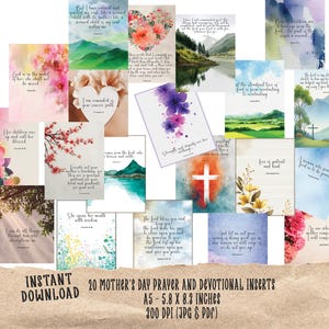 Könnte beinhalten: Eine Sammlung von 20 Gebets- und Andachtseinlagen zum Muttertag. Die Einlagen zeigen Aquarellkunst und inspirierende Zitate. Das Format ist A5, was 14,8 x 21 cm entspricht.