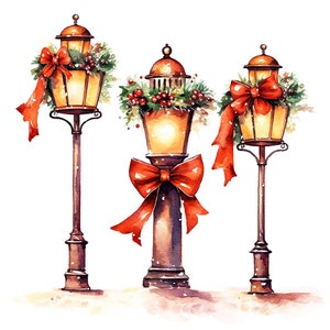 Watercolor Christmas street lamp post clipart, Vintage style lamp post with red  ribbon - Christmas Street Lantern