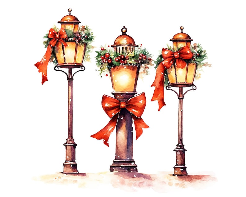 Watercolor Christmas street lamp post clipart, Vintage style lamp post with red  ribbon - Christmas Street Lantern