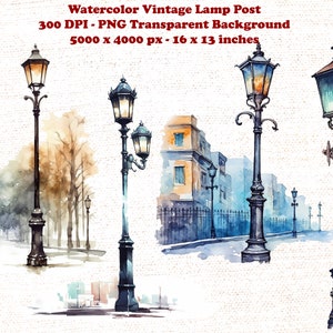 Aquarel Victoriaanse lantaarnpaal Clipart voor kerst- en wintertaferelen