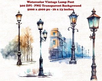 Watercolor Victorian Lamp Post Clipart for Christmas and Winter Scenes