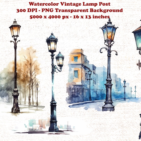 Watercolor Vintage Lamp Post Clipart - Vintage Lamp Post Clipart, Victorian Street Lamp Post PNG - Winter Scene Clipart, Lamp Post Clipart