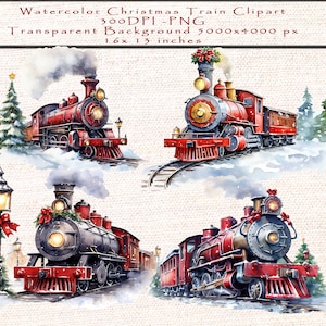 Clipart de trem aquarela festivo Polar Express: ilustrações de artesanato e decoração para o Natal