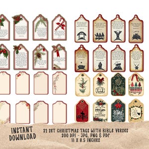 May include: A collection of 32 Christmas tags with Bible verses, showcasing festive designs with holly, pinecones, and ribbons. The tags have a vintage style and include the text "INSTANT DOWNLOAD". The image dimensions are 27.94 cm x 21.59 cm.