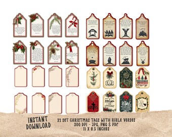 Printable Holiday Scripture Tag Set with Vintage Ephemera for Journaling Crafts