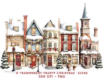 Watercolor Holiday Village Clipart, Christmas Town Snow Scene, Winter Cottage House PNG