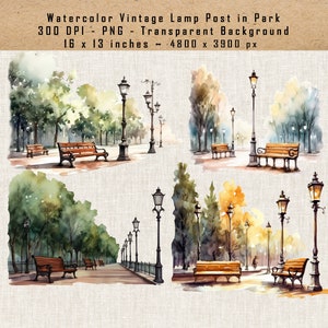 Victoriaanse straatlantaarn aquarel clipart, antieke parklamp png, lente scène vintage kunst