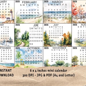 Calendário mensal Mini Nature 2025 para impressão | Download digital de 6 x 4 polegadas | PDF A4 e Letter JPG