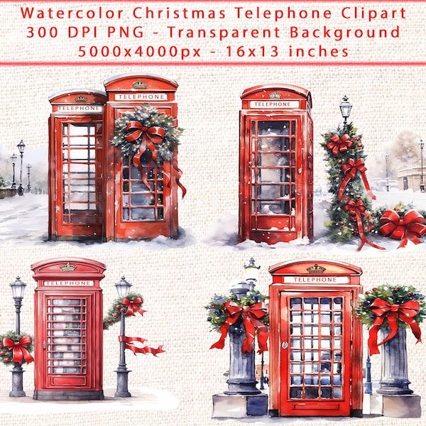 Christmas Telephone Booth Clipart - Vintage Telephone Booth Clipart, Street Phone Booth PNG, Winter Scene Clipart, Christmas Scene Clipart