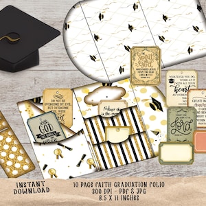 Kit de diário de formatura cristão: itens efémeros e materiais de fé em tons amarelos, etiquetas com versículos bíblicos