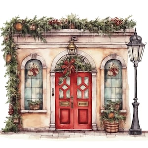 Clipart aquarelle de porte rouge de Noël festif : illustration des fêtes de fin d'année pour une décoration hivernale confortable