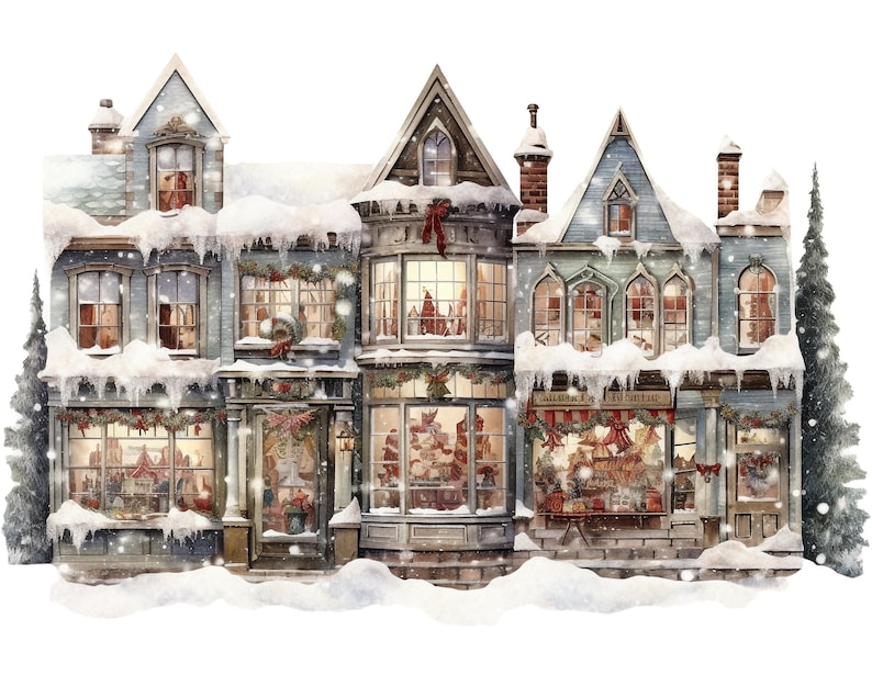 Watercolor Holiday Village PNG, Christmas Town Snow Scene, Winter ...