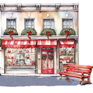 Watercolor Christmas Bakery Storefront Clipart - Cozy Printable PNG Scene