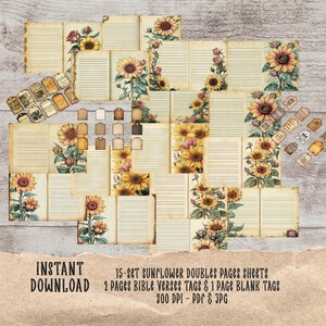 Kit de diário de versículos bíblicos de girassol: itens vintage para impressão e páginas desgastadas para scrapbooking