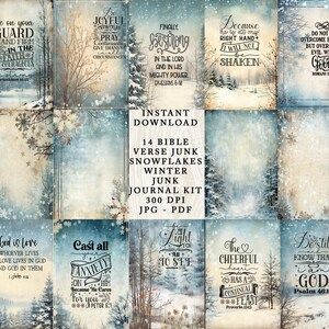 Puede incluir: Un collage digital de 14 tarjetas de diario de chatarra de invierno con temática de versículos bíblicos. Las tarjetas presentan un fondo de bosque nevado con citas inspiradoras y versículos bíblicos. Las tarjetas son de 300 DPI y están disponibles en formatos JPG y PDF.