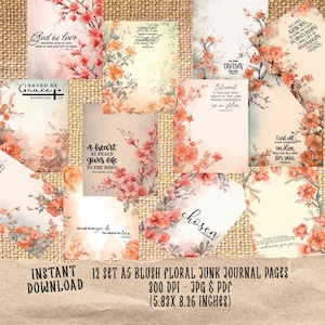 Könnte beinhalten: Eine Sammlung von 12 A5-Blüten-Junk-Journal-Seiten. Jede Seite zeigt florale Designs mit inspirierenden Zitaten und Texten. Die Seiten messen 14,8 x 21 cm.