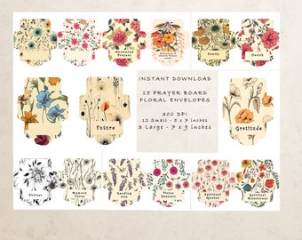 Könnte beinhalten: Druckbarer digitaler Download von 15 floralen Gebetsbrett-Umschlägen. Die Umschläge sind in verschiedenen Blumenmustern mit Textbeschriftungen wie "Zukunft", "Dankbarkeit", "Erhörte Gebete" und "Spirituelle Meilensteine".
