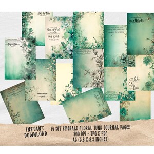 May include: A set of 14 emerald floral junk journal pages with watercolour designs. The pages feature floral accents and inspirational quotes. Each page is A5 size, measuring 14.8 x 21 cm.
