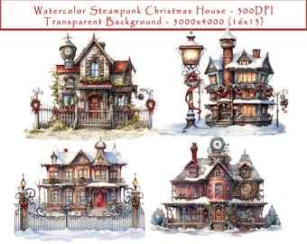 Watercolor Steampunk Clipart - Steampunk Quirky Christmas House Clipart, Victorian Watercolor House, Steampunk Christmas House Clipart