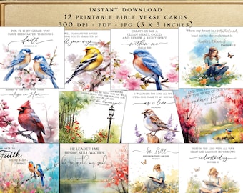 Inspirational Scripture Cards Kit - Printable Bible Verses and Daily Affirmations - Floral Birds