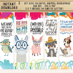 May include: Set of five colorful animal bookmarks with inspirational quotes and bible verses. Each bookmark features a different animal, including an owl, cat, pig, dog, and another dog. The bookmarks are 2 inches by 7 inches.