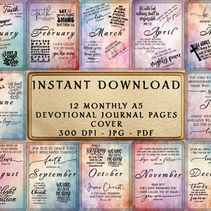 Puede incluir: Una descarga digital de 12 páginas de diario A5 imprimibles con un tema devocional. Cada página presenta un mes diferente del año con un versículo bíblico y un fondo de acuarela. La página de portada presenta el texto "Descarga instantánea" y "12 páginas de diario A5 mensuales de devocional Portada 300 DPI - JPG - PDF".