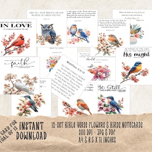 Versets de la Bible imprimables et affirmations du jour - Kit de cartes inspirantes pour les Ecritures - Oiseaux floraux