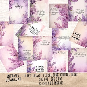 Op de afbeelding: Een verzameling van 14 pagina's met bloemenjunkjournal in lila thema. Elke pagina heeft een aquarelontwerp met bloemaccenten en inspirerende citaten. De pagina's zijn A5-formaat, 14,8 x 21 cm.
