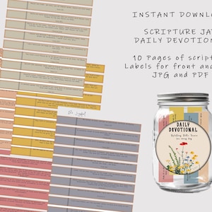 May include: Printable scripture jar labels with a floral design. The labels are in a variety of colors, including pink, blue, yellow, and green. The labels are designed to be used with a scripture jar, which is a jar filled with slips of paper containing Bible verses. The labels include the text "Daily Devotional" and "Inspiring Bible Verses for Every Day".