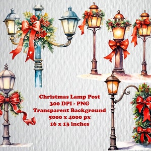 Watercolor Christmas street lamp post clipart, Vintage style lamp post with red  ribbon - Christmas Street Lantern
