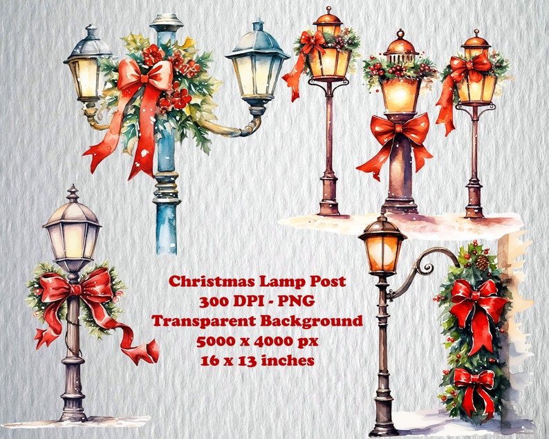 Watercolor Christmas street lamp post clipart, Vintage style lamp post with red  ribbon - Christmas Street Lantern