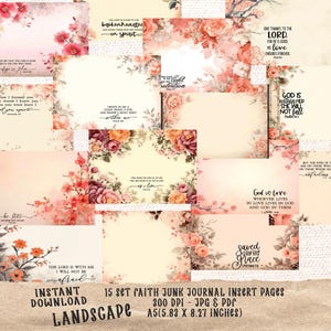 Könnte beinhalten: Eine Sammlung von 15 Glaubens-Junk-Journal-Einfügeseiten. Jede Seite zeigt florale Designs in Rosa, Pfirsich und Creme, mit inspirierenden Zitaten und Schriftstellen. Die Seiten sind im A5-Format, 14,8 x 21 cm.