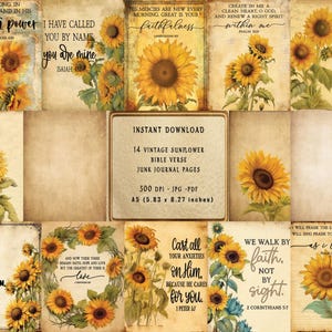 A5-set zonnebloem christelijk dagboek: bijbelvers inlegvellen, devotionele planner en spirituele efemere printables
