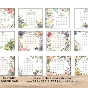 Calendario floral mensual en miniatura 2025 para imprimir / Descarga digital de 6 x 4 pulgadas / Formato A4 y carta PDF JPG