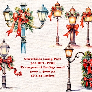 Watercolor Christmas street lamp post clipart, Vintage style lamp post with red  ribbon - Christmas Street Lantern