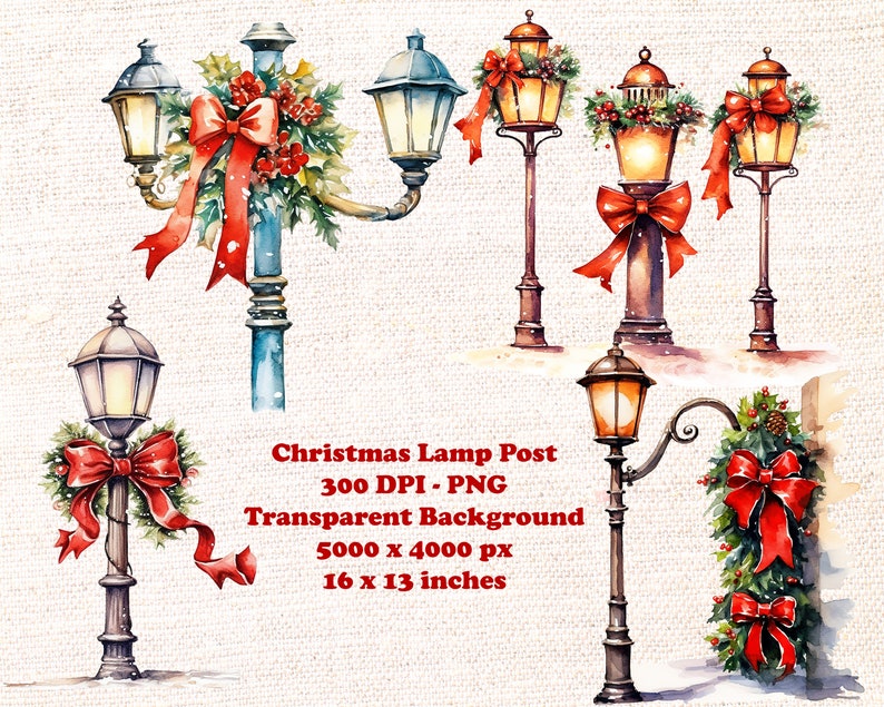 Watercolor Christmas street lamp post clipart, Vintage style lamp post with red  ribbon - Christmas Street Lantern