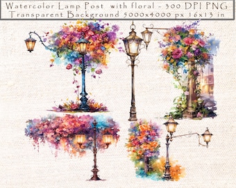 Romantic Floral Watercolor Lamp Post Clipart for Wedding and Victorian Decor