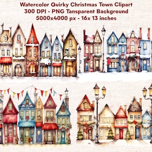 Clipart de escena navideña nevada en un pueblo invernal: Ilustraciones navideñas originales para celebraciones navideñas
