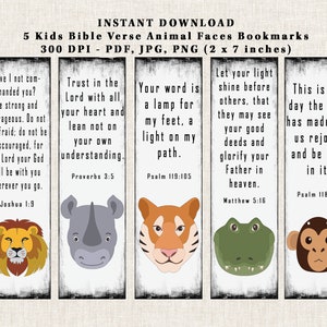 Könnte beinhalten: Satz von fünf druckbaren Lesezeichen mit Tiergesichtern und Bibelversen. Jedes Lesezeichen ist 5 cm breit und 18 cm hoch. Die Tiere sind ein Löwe, ein Nashorn, ein Tiger, ein Alligator und ein Affe. Die Verse sind Josua 1,9, Sprichwörter 3,5, Psalm 119,105, Matthäus 5,16 und Psalm 118,24.