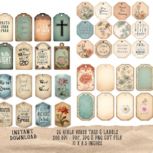 Printable Bible Verse Tags, Religious Fussy Cut Gift Labels for Junk Journals & Christian Crafts