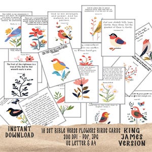 May include: Set of 18 printable cards featuring colorful flowers, birds, and Bible verses in a modern style. The cards are designed for use with the King James Version of the Bible. Each card includes a verse, a floral illustration, and a bird.
