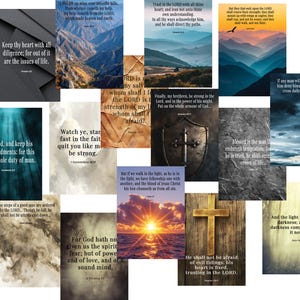 May include: A collection of inspirational posters with religious quotes and imagery. The posters feature various backgrounds, including landscapes, textures, and a wooden cross. Each poster displays a different Bible verse.