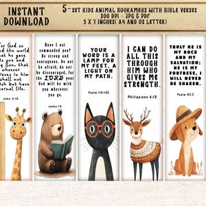 May include: A set of five children's animal bookmarks with Bible verses. Each bookmark features a different animal illustration: a giraffe, bear, cat, deer, and dog. The bookmarks are 5.08 cm x 17.78 cm.