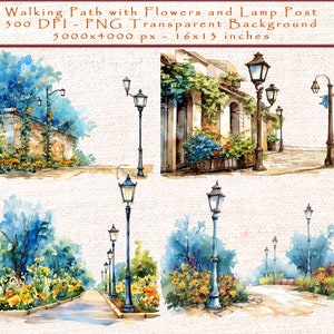 Betoverende aquarel bospad clipart: lantaarnpaal, bloemen en tuinscène illustratie