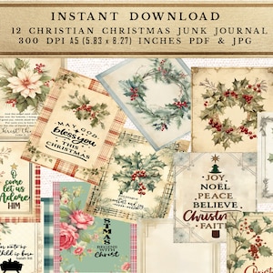 Könnte beinhalten: Zwölf digitale druckbare Karten mit einem Weihnachtsmotiv mit Bildern von Stechpalmen, Weihnachtssternen, Kränzen und einem Weihnachtsbaum. Die Karten enthalten Texte wie "Möge Gott dich dieses Weihnachten segnen", "Freude Weihnachten Frieden Glaube Christus Glaube", und "Weihnachten beginnt mit Christus".