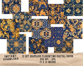 Elegant Deep Blue Italian Renaissance Florentine Decoupage Digital Paper for Scrapbooking and Printable Art