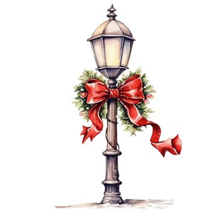 Watercolor Christmas street lamp post clipart, Vintage style lamp post with red  ribbon - Christmas Street Lantern